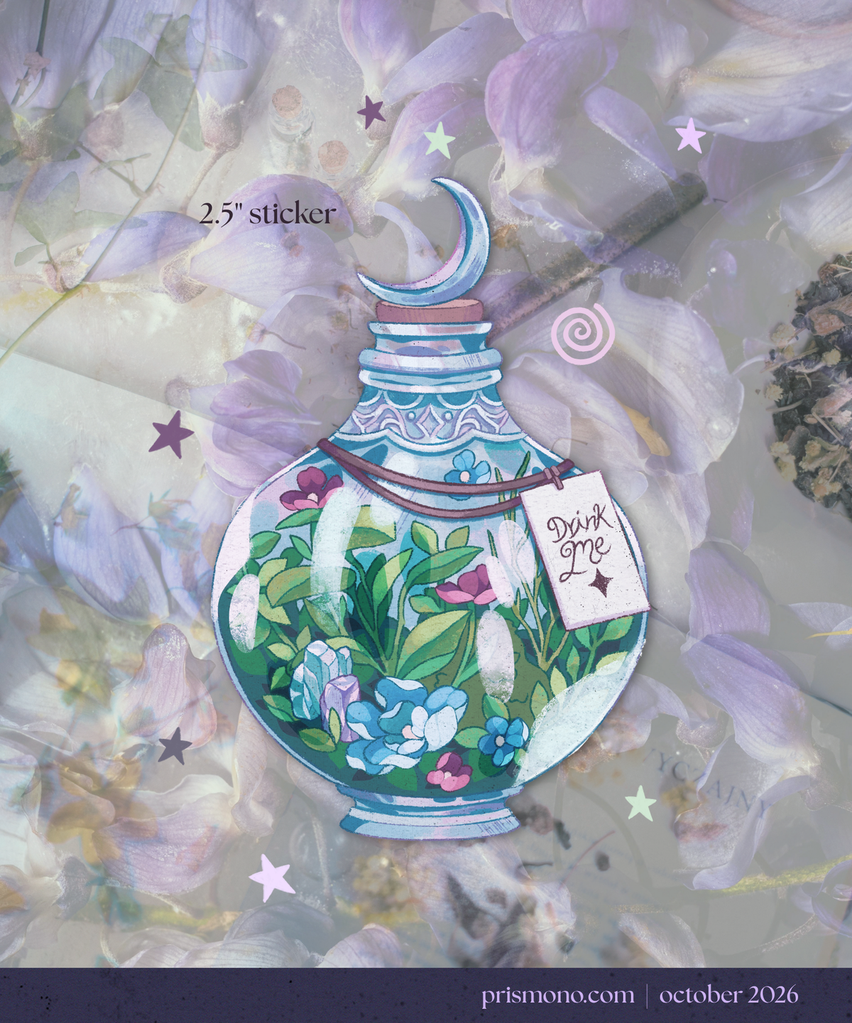 A decorative illustrated potion bottle with a crescent moon lid and botanical terrarium inside, shown over a soft lavender flower background with stars and a tag reading 'Drink Me.'