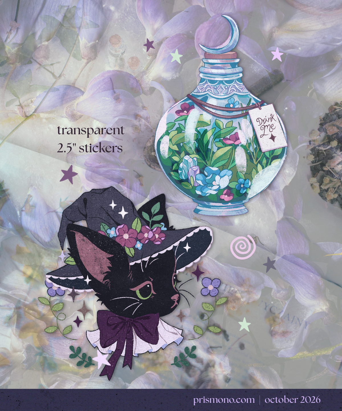 A styled flat-lay of two decorative stickers on a soft lavender floral background. One sticker shows a black cat wearing a witch hat with flowers and a purple bow; the other shows a round illustrated potion bottle with a moon lid and botanical terrarium inside.