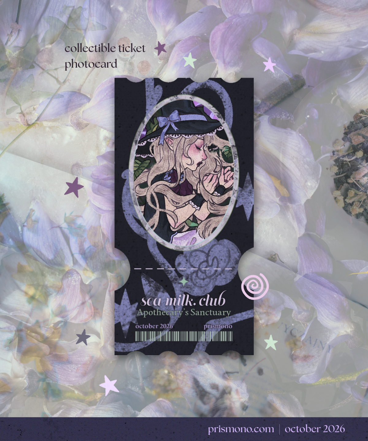 A collectible photo card featuring an illustrated character inside an oval frame, with the text 'collectible ticket photo card' and 'sea milk club' on a floral pastel background.