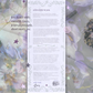 A mail club love letter with decorative silver-gray borders and placeholder text, shown centered over a soft pastel floral background with lavender petals, stars, and a purple footer bar.