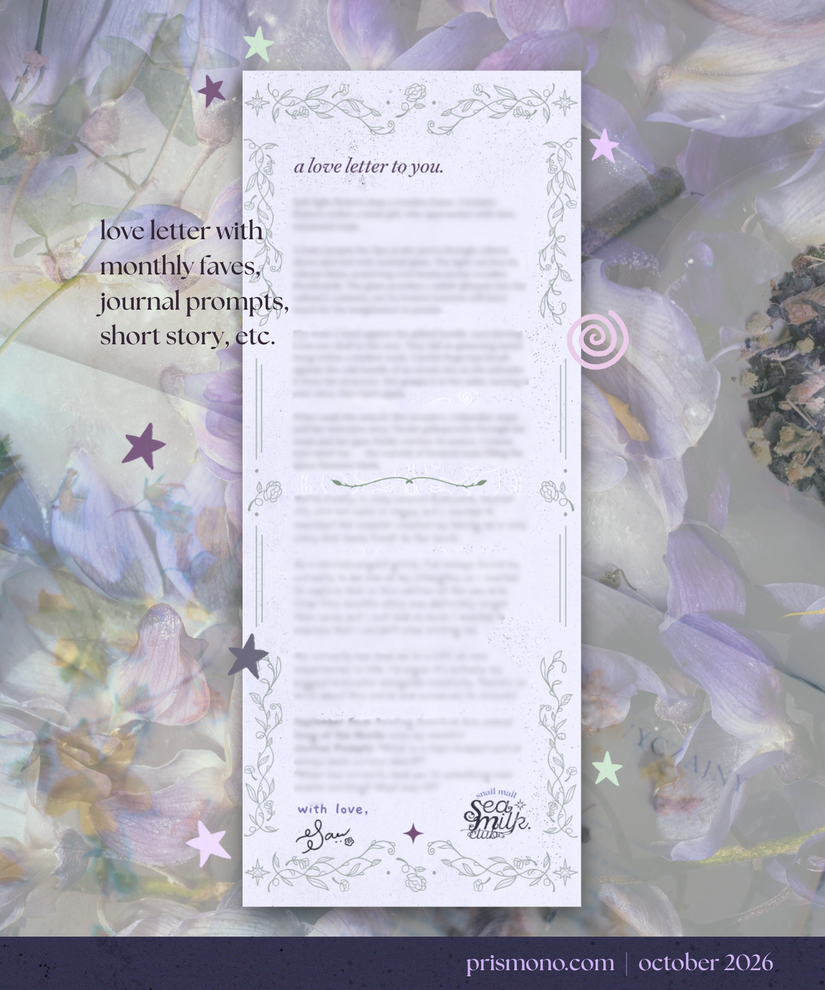 A mail club love letter with decorative silver-gray borders and placeholder text, shown centered over a soft pastel floral background with lavender petals, stars, and a purple footer bar.