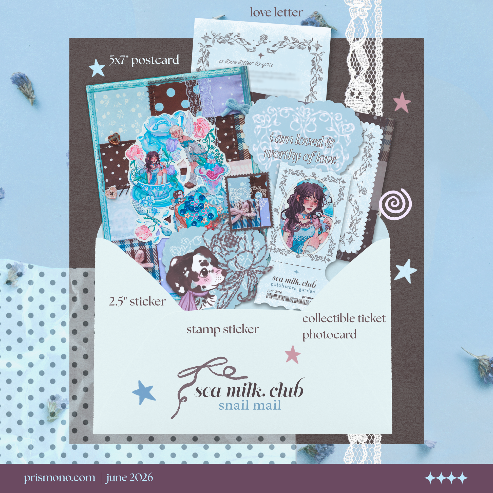 Sea Milk Club's 'Patchwork Garden' monthly snail mail club collection with various stationery products on a light blue background.