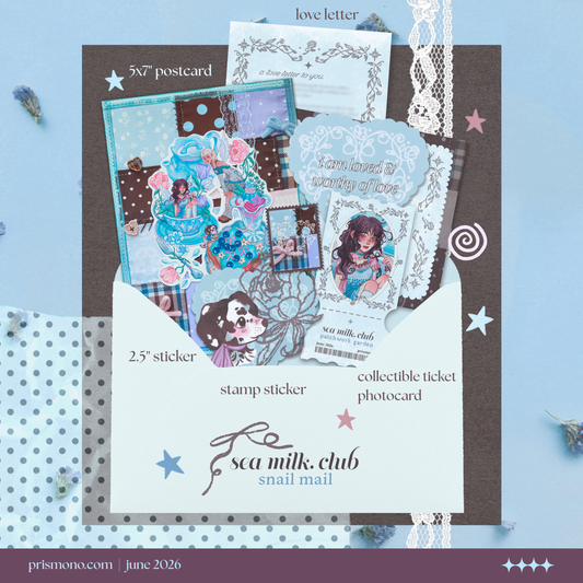 Sea Milk Club's 'Patchwork Garden' monthly snail mail club collection with various stationery products on a light blue background.