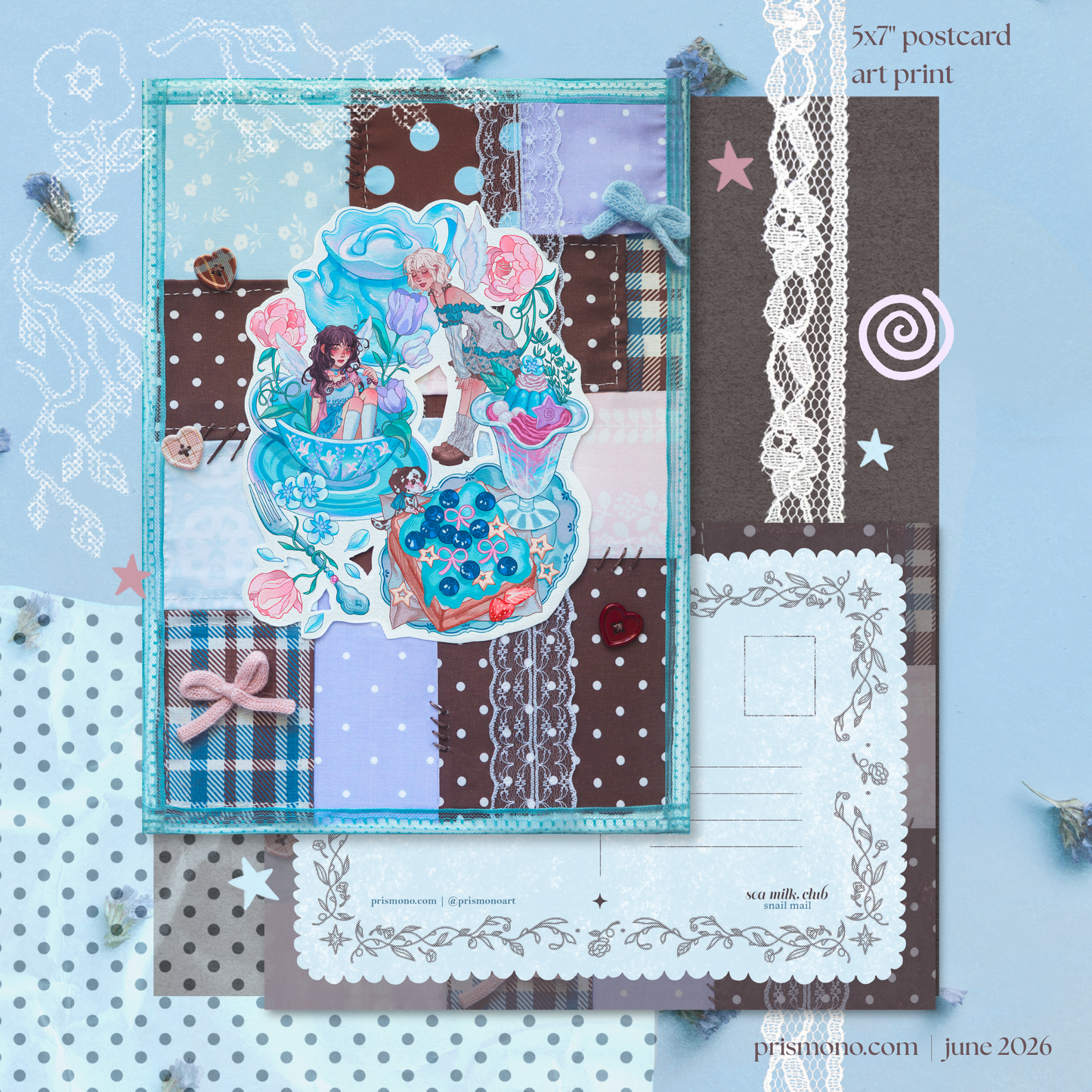 Postcard art print with decorative elements for snail mail club on a blue background