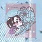 Cross stitch style sticker with a dog design on a decorative background with flowers and stars for snail mail club.