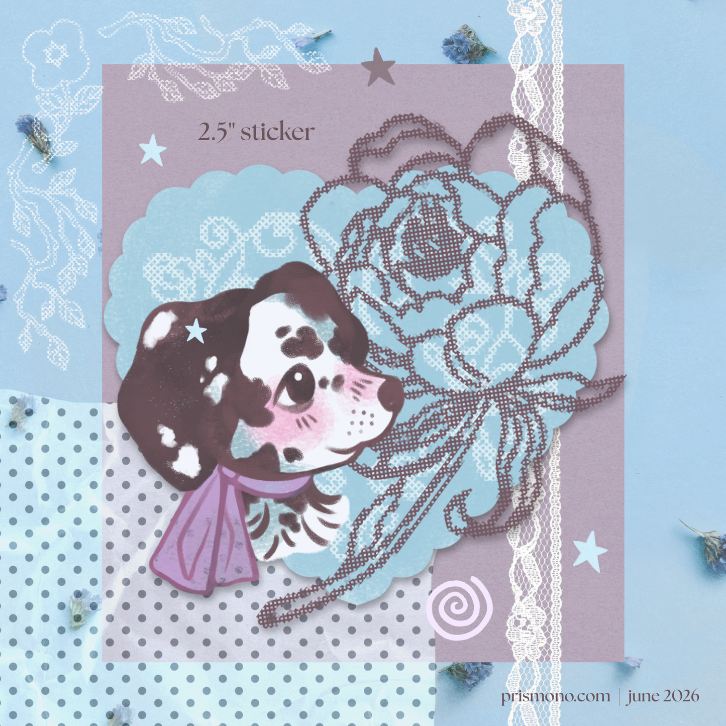 Cross stitch style sticker with a dog design on a decorative background with flowers and stars for snail mail club.