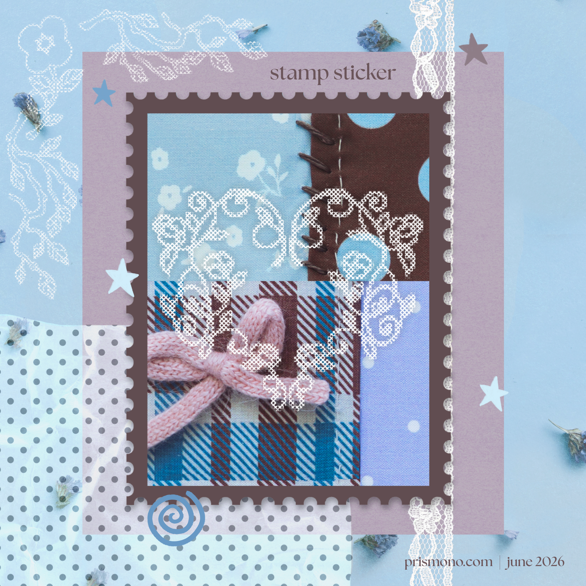 Decorative card with a stamp sticker design featuring a patchwork bow and striped pattern on a blue and white polka dot background for snail mail club.