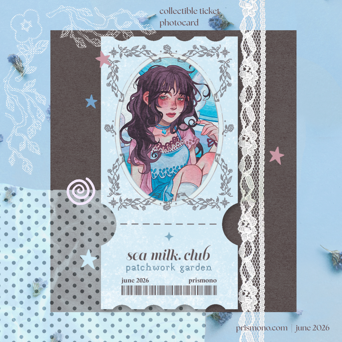 Collectible ticket photocard with illustration of a girl and text on a decorative background for snail mail club