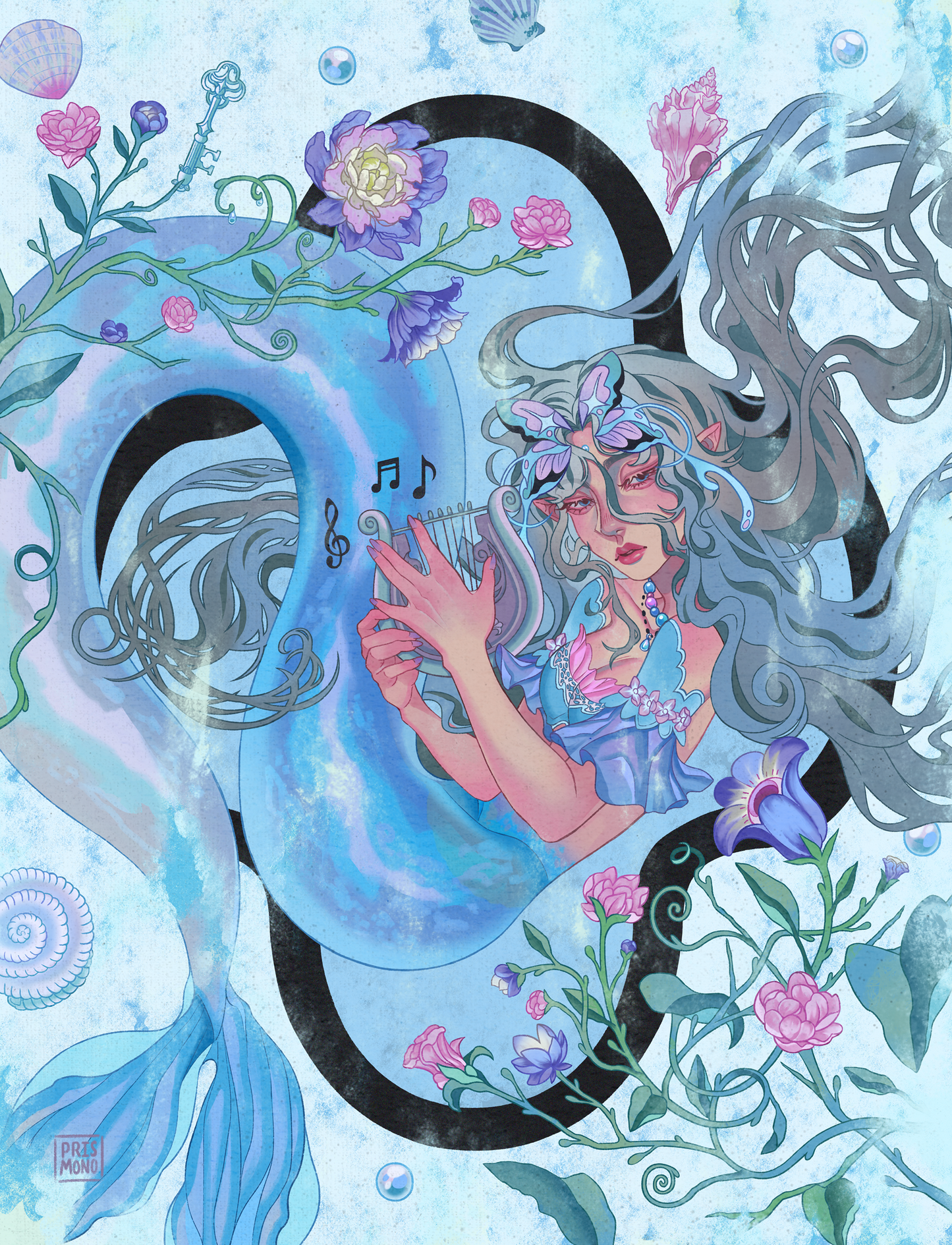 Fantasy illustration of a mermaid with musical elements and floral decorations.