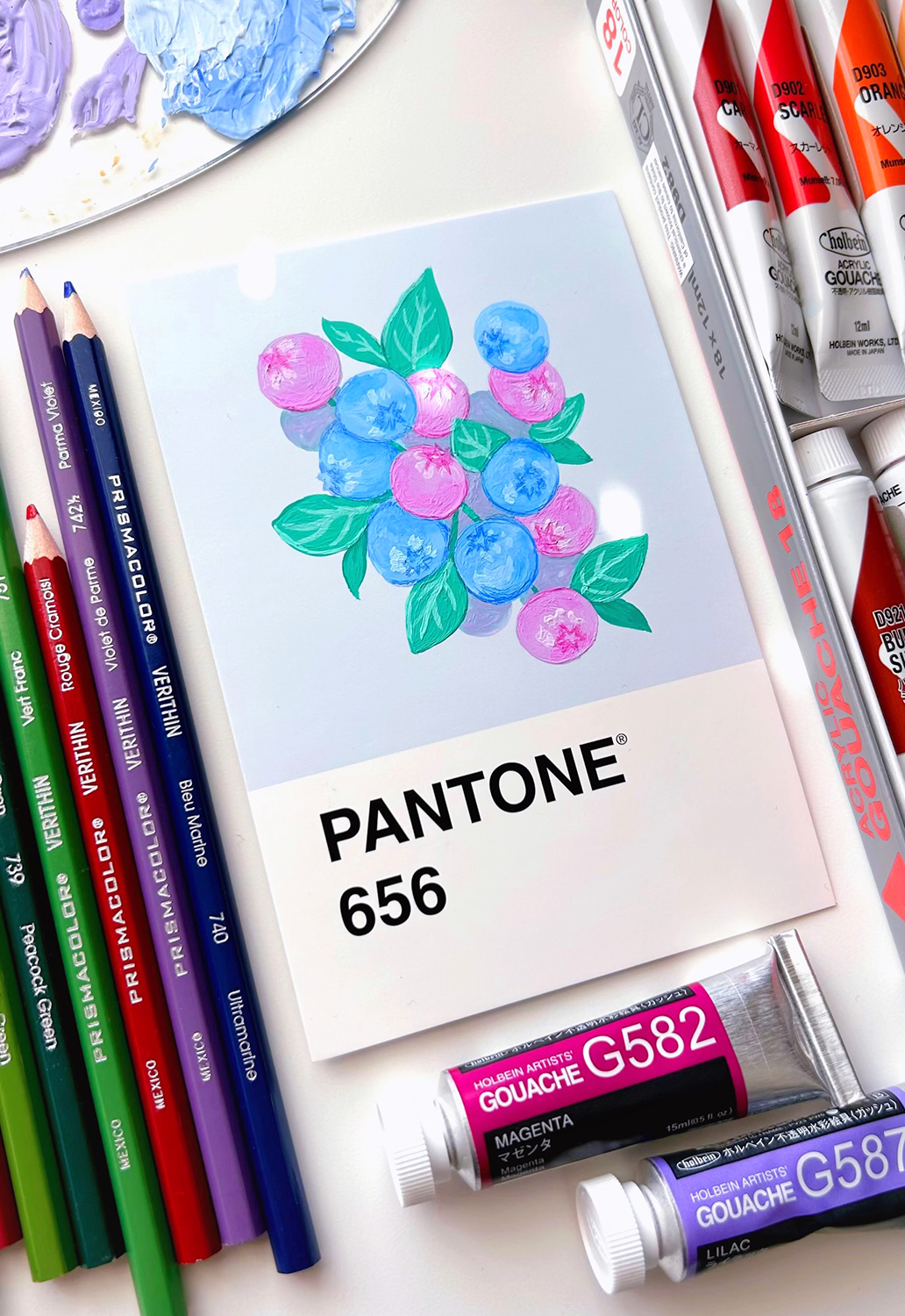 “Spring Blueberries” Pantone Postcard Gouache Painting - 4x6in
