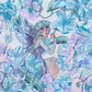 Watercolor-style fantasy illustration of a fairy surrounded by large blue and lavender hydrangea flowers, with translucent wind chimes and swirling vines; the fairy has pale blue-green hair, pink cheeks, and a purple dress.