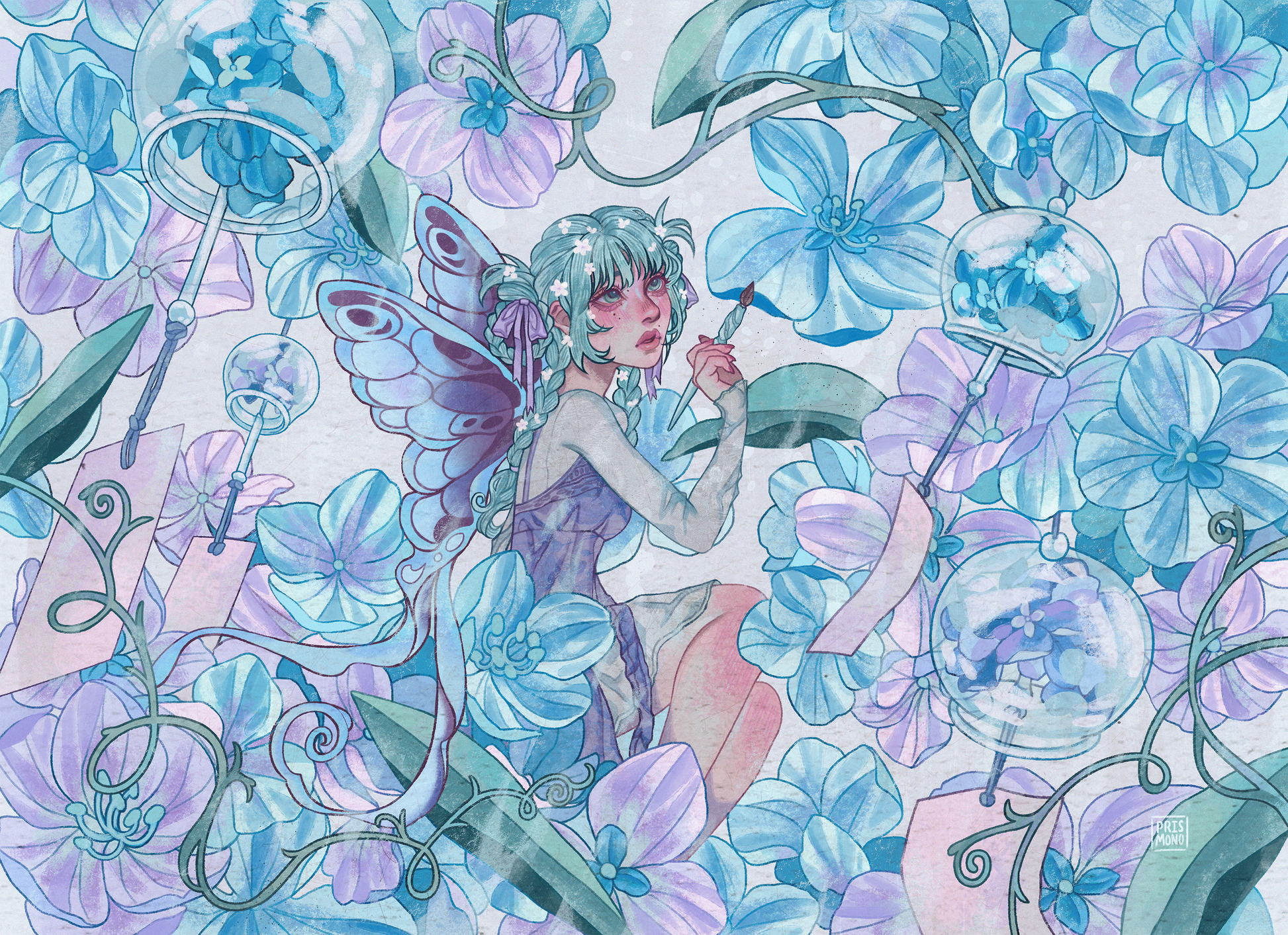 Watercolor-style fantasy illustration of a fairy surrounded by large blue and lavender hydrangea flowers, with translucent wind chimes and swirling vines; the fairy has pale blue-green hair, pink cheeks, and a purple dress.