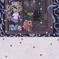 A whimsical illustration showing the inside of a trinket drawer with a blonde girl in a witch hat, plants and herbs, butterflies, scissors, cookies, a black cat, and magical objects, set against a dark patterned border. The lower half of the print is a pale lavender field scattered with small cut out stars.