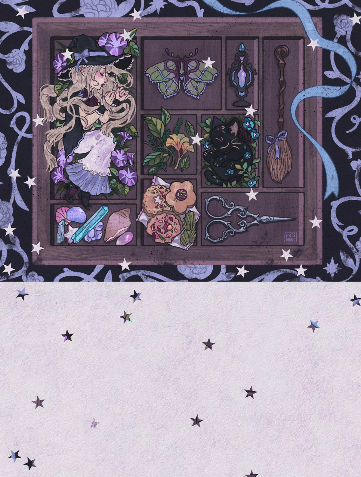 A whimsical illustration showing the inside of a trinket drawer with a blonde girl in a witch hat, plants and herbs, butterflies, scissors, cookies, a black cat, and magical objects, set against a dark patterned border. The lower half of the print is a pale lavender field scattered with small cut out stars.