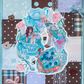Traditional illustration with patchwork elements, lace, buttons, bows, and a watercolor paper painting featuring a flower tea set arrangement with two friends and their dog for the sea milk snail mail club