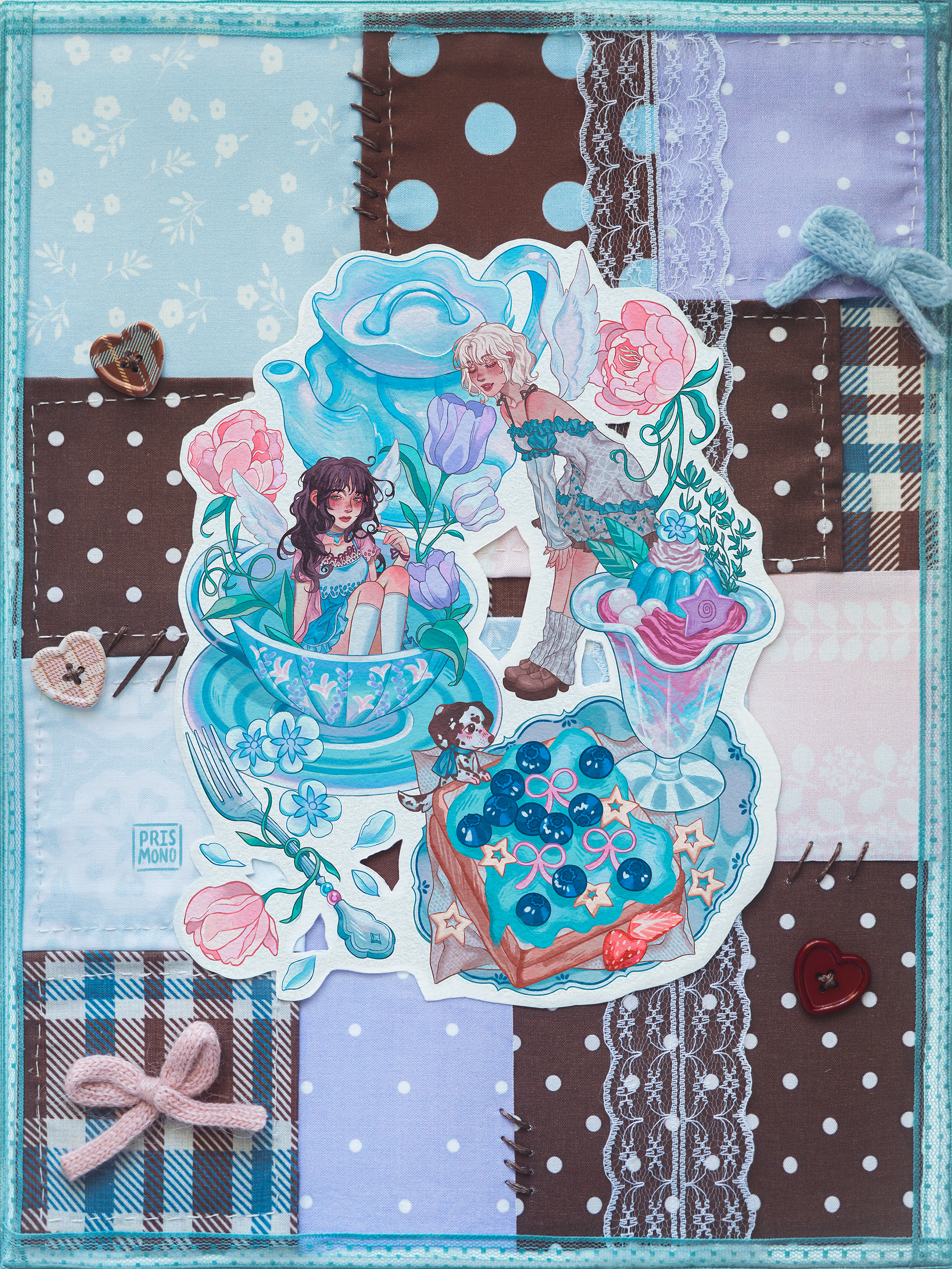 Traditional illustration with patchwork elements, lace, buttons, bows, and a watercolor paper painting featuring a flower tea set arrangement with two friends and their dog for the sea milk snail mail club