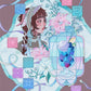 Illustration of a woman with flowers and a cream soda dessert in a stylized frame inspired by Japanese fashion