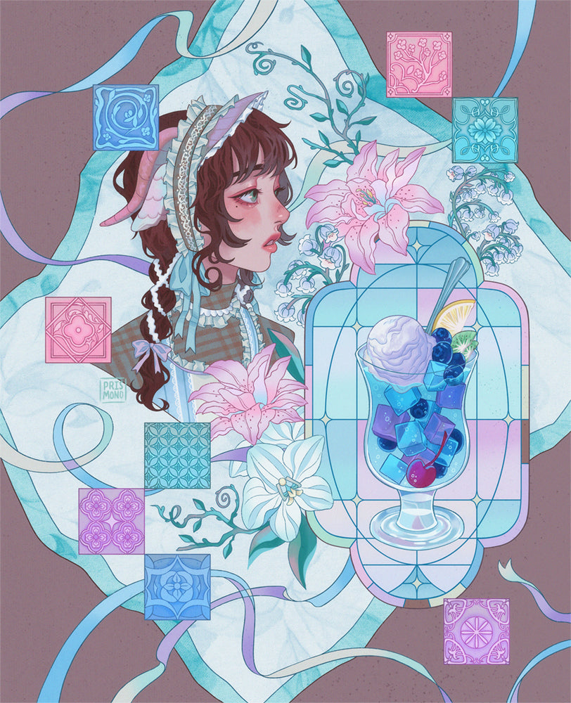Illustration of a woman with flowers and a cream soda dessert in a stylized frame inspired by Japanese fashion