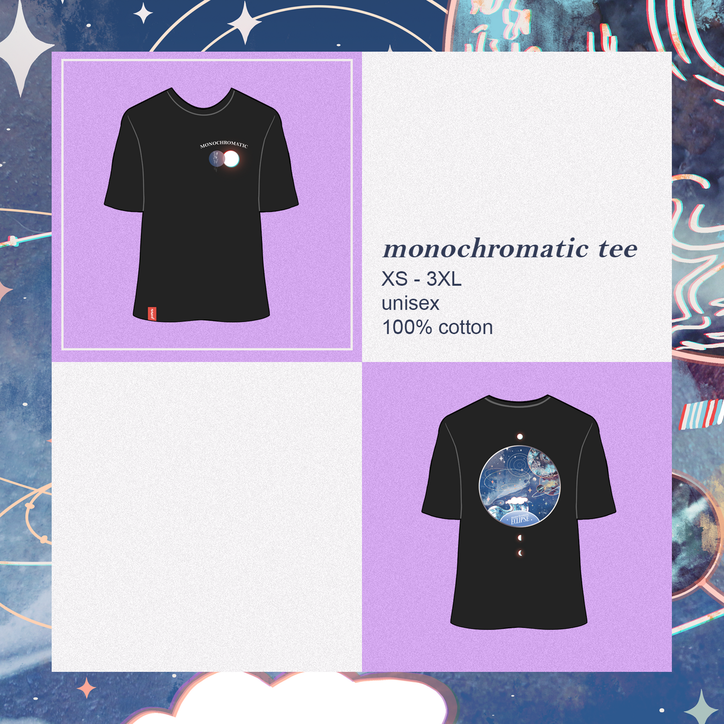 Black Unisex Crewneck T-Shirt with Moon and Ocean Aesthetic Designs