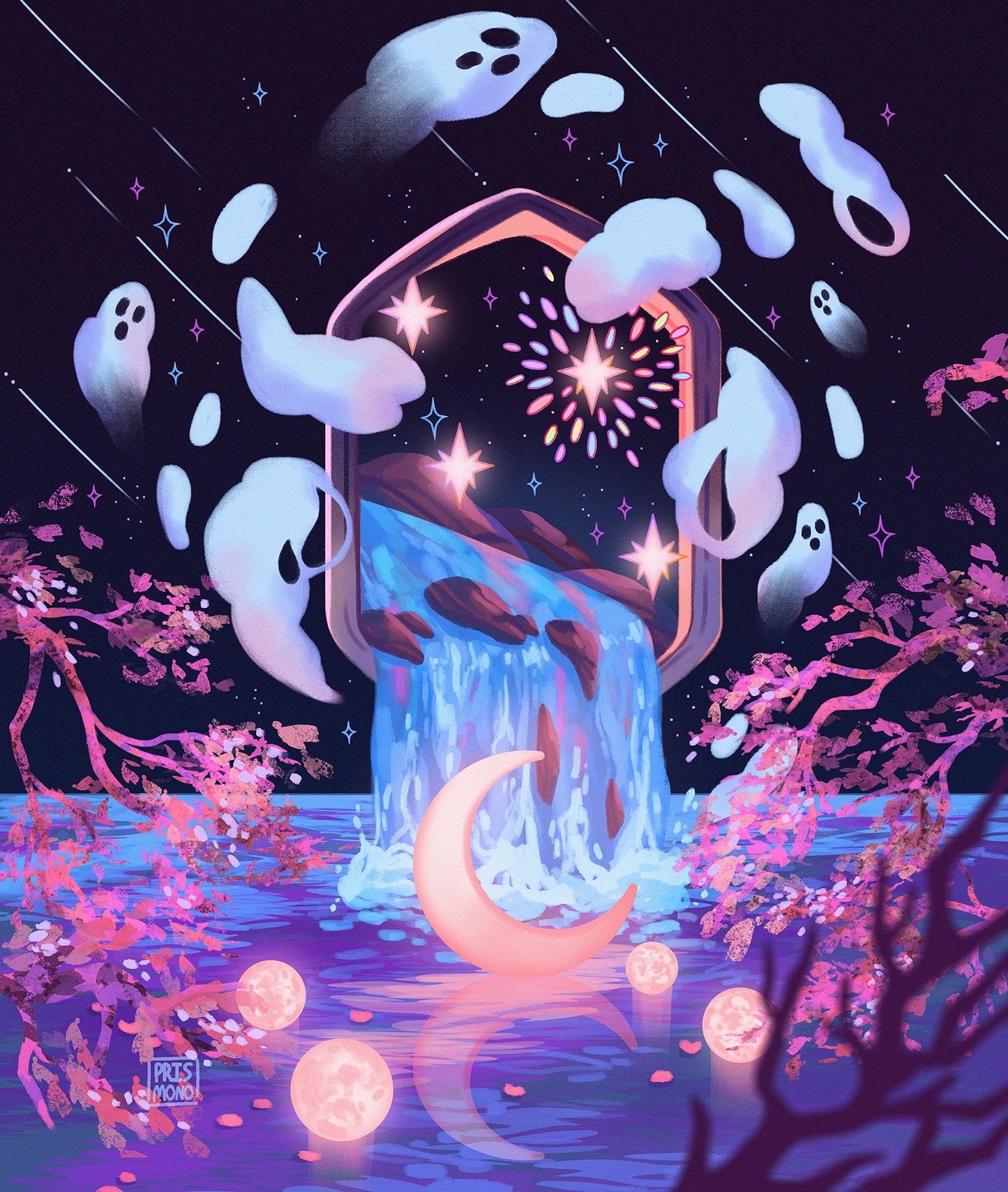 Spooky Postcard Art Print Ghosts Moon Beautiful Waterfall Enchanting Artwork