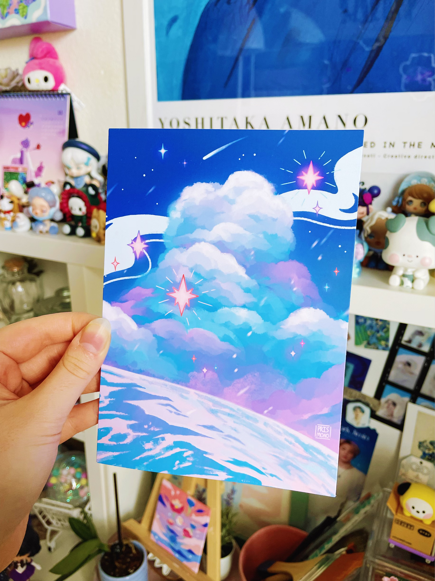 Winter Icy and Enchanting Postcard Art Print Illustration with Beautiful Clouds and Stars