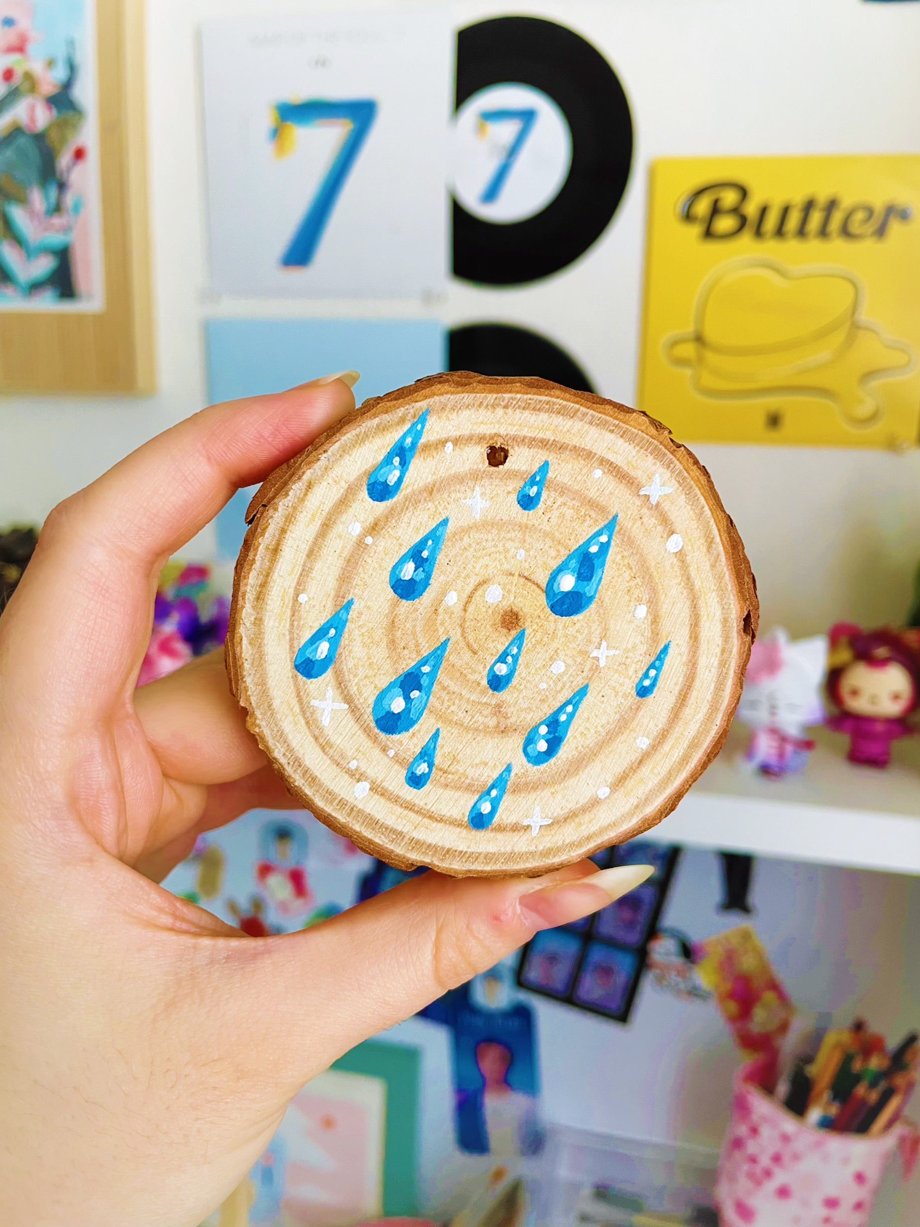 Adorable Water Droplets and Stars Acrylic Painting on Wood Slice