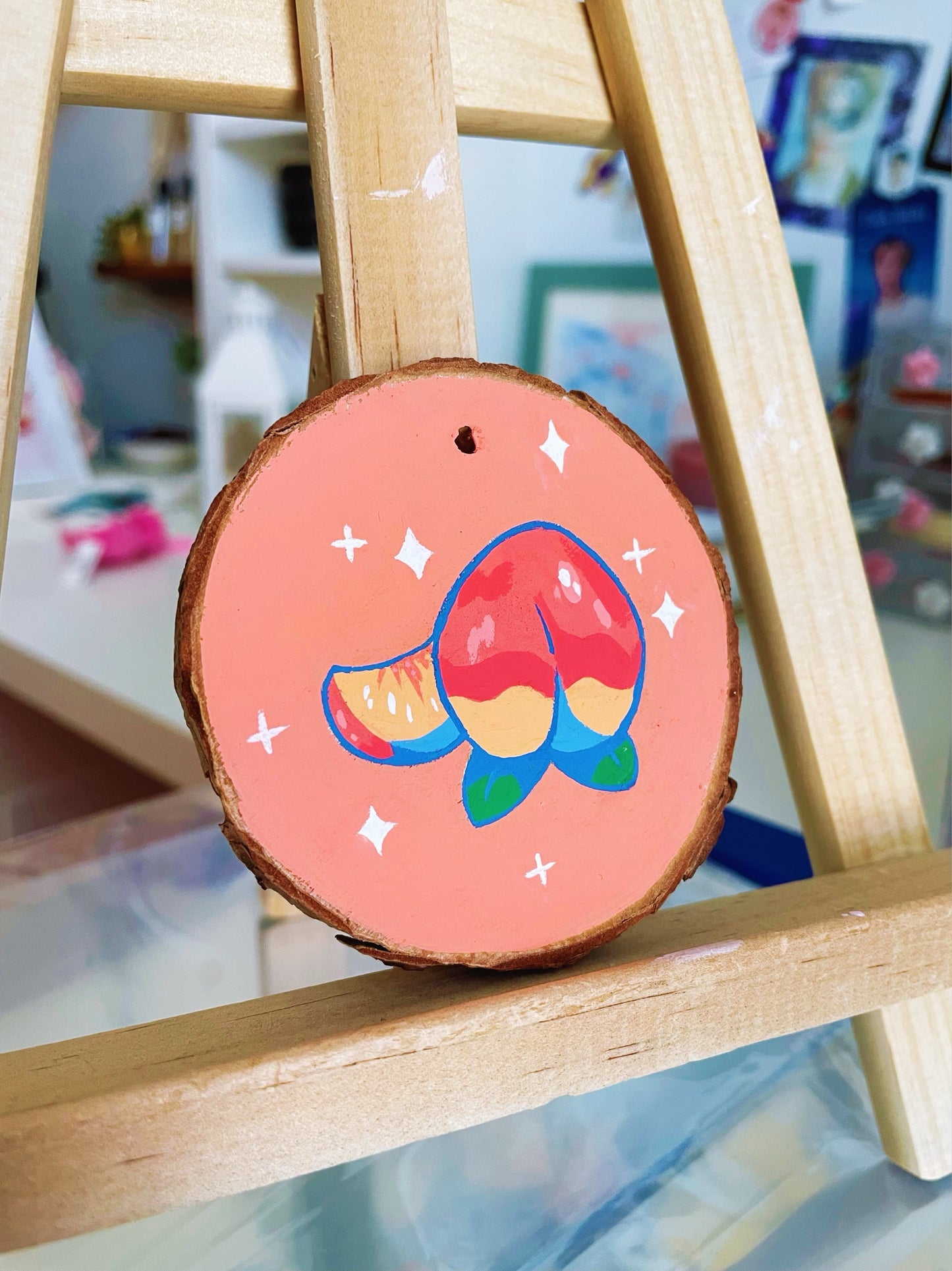Adorable Peach Acrylic Painting on Wood Slice
