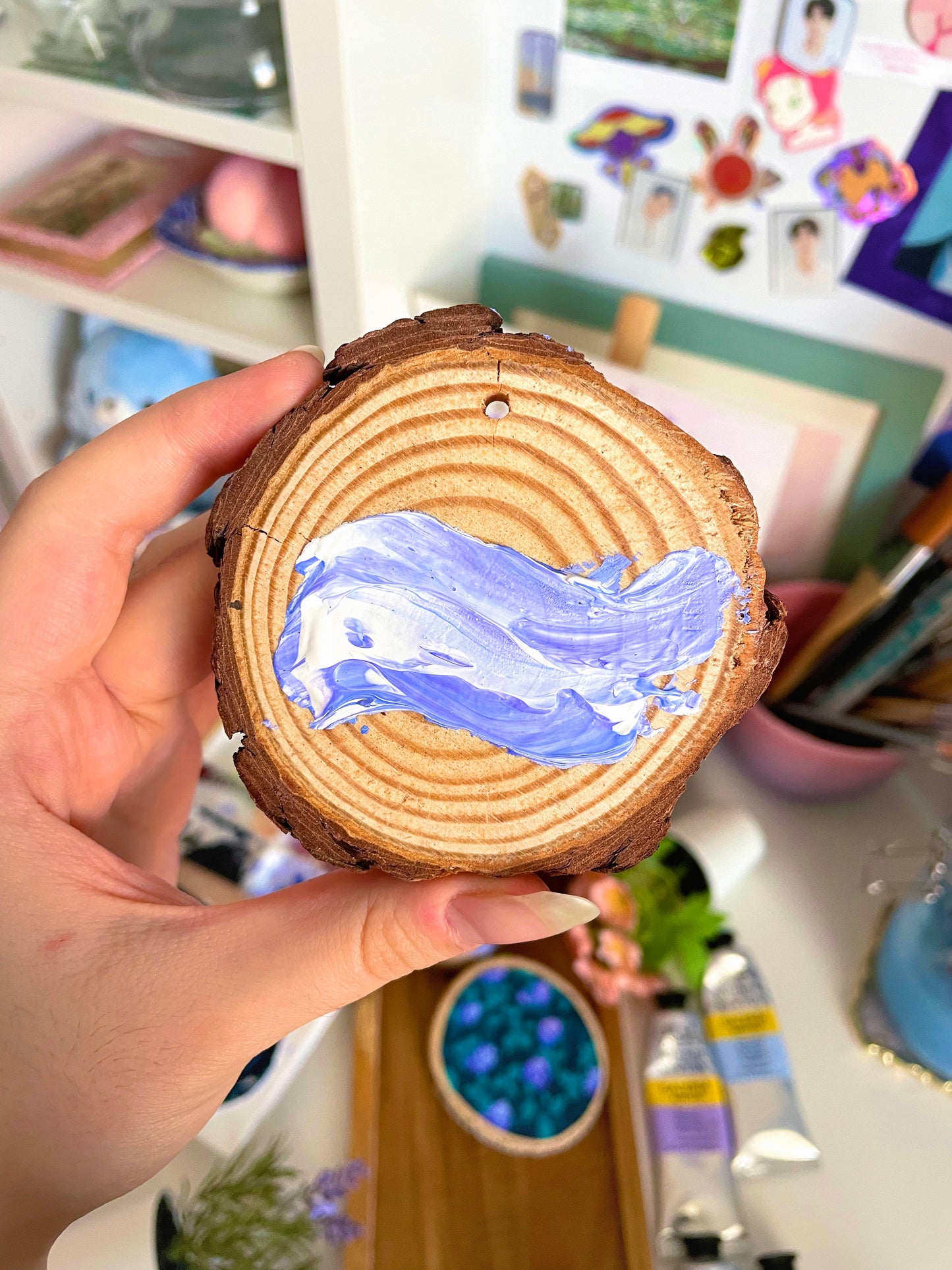 Ocean Wave Acrylic Painting on a Wood Slice